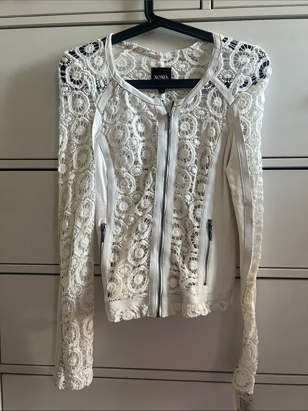 XOXO White Lace Zip-Front Moto Blazer
